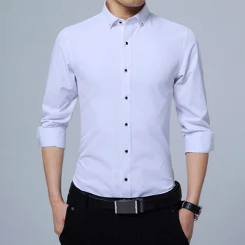 Alta Qualidade de Homens de Camisa de Manga Longa Vestido Casual Cor Sólida Rotina de Ajuste empresa de Design Masculino Social Camisas Branco Preto