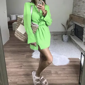 Za vestido de 2021 de verão, moda feminina cinto acolchoado camisa mini vestido estilo retrô manga longa com decote em V chic vestido verde Vestidos Mujer