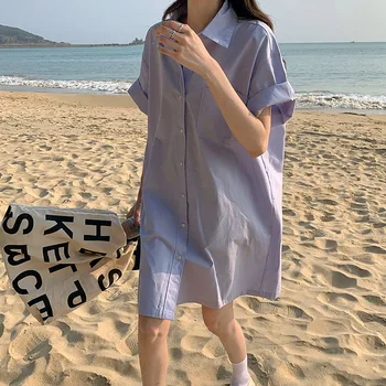 2021 Chique De Verão, Camisa De Vestido Casual Feminino Vintage Vestido De Festa Simples Single-Breasted Praia De Curto Mulheres Vestidos De Vestidos Coreano