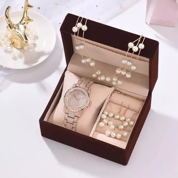 Luxo Rosa de Ouro, Relógios de Conjunto de Mulheres de Diamante do cristal de Quartzo Relógio de Colar de Pérolas Pulseira, Brincos, Relógios Presentes de conjuntos Para as Mulheres