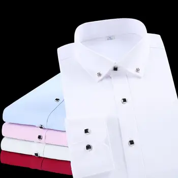 Alta Qualidade de Homens de Camisa de Manga Longa Vestido Casual Cor Sólida Rotina de Ajuste empresa de Design Masculino Social Camisas Branco Preto