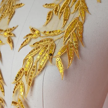 1 par de Folhas de Ouro de Flor de Venise Flor de Apliques de Renda Caimento do Vestido de Casamento de Costura, Rendas Patch Tecido Scrapbooking