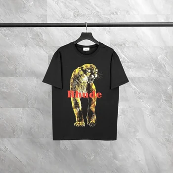 2021ss Rhude T-shirts Homens Hip hop e Streetwear T-shirts com estampa de Leopardo de Algodão de Alta Qualidade t-shirts de Manga Curta topo tees