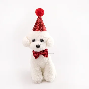 2Pcs/set Cães de Estimação Caps Com Bowknot Gato Cão de Aniversário Traje de Design de Lantejoula Headwear Boné Chapéu de Festa de Natal Acessórios de Animais de estimação