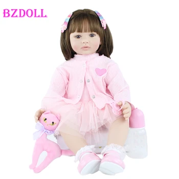 60cm de Silicone Reborn Baby Doll Vinil Macio cor-de-Rosa Vestido de Princesa Criança Bebês Vestir Jogar Casa de Brinquedos de Presente de Aniversário
