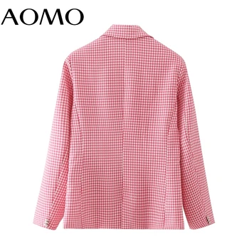 AOMO Mulheres cor-de-Rosa estampa Xadrez Blazer Feminino Manga Longa Elegante Jaqueta de Senhoras vestuário de Trabalho Blazer Ternos Formais DA201A