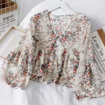 Blusas das Mulheres Floral Retro 3 Cores de V-pescoço Casual Feminino Harajuku Design Tops Ins Simples, Confortável e Elegante Ulzzang Moda