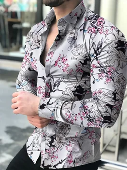 Camisas florales de manga larga de Outono de 2021 para homens camisas estampadas con flores de corte delgado para homens cami