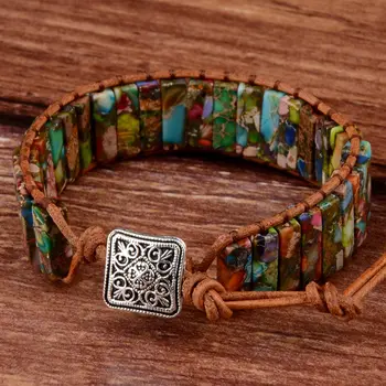 Chanfar Novo Design Quente do Estilo Multicolor pedras Naturais escudo de couro bracelete frisado para homens e mulheres