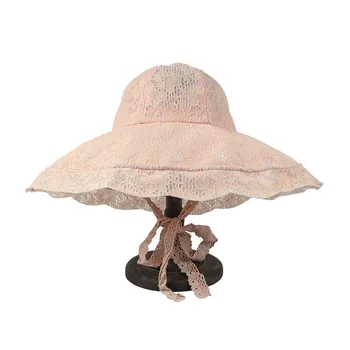Chapéu de balde de Férias de Verão de Renda Oco Chapéu de Sol Feminino Pescador Chapéu Elegante Moda Laço Exterior pára-Sol Chapéu de Sol YF00