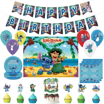 Disney Stitch Tema de festas Talheres Descartáveis Conjunto Copa Placa Guardanapo de Palha Balões Feliz Aniversário infantil Decorações