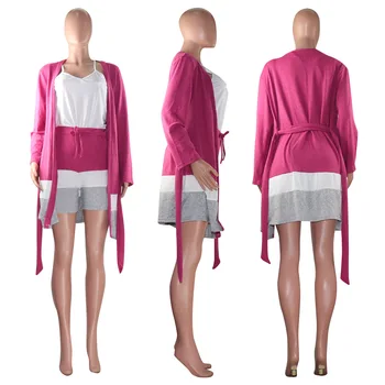 Europeu de moda nova cor sólida casual de duas peças soltas V-Pescoço top de manga longa e shorts de mulheres terno