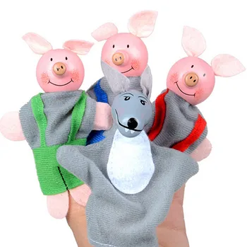 Família Fantoches de Dedo 4PCS Três porquinhos E o Lobo Dedo Presentes Bebê Educacional Mão dos desenhos animados de Animais de Brinquedo Conjuntos de Presentes das Crianças