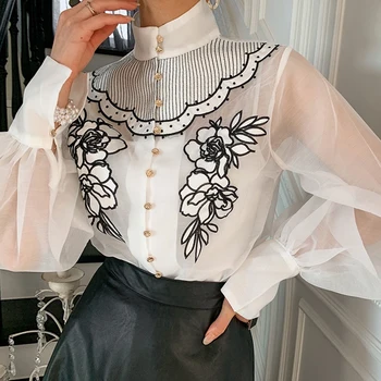 JSXDHK Designer de Moda Chique de Verão, as Mulheres de Malha Stand Camisas com Gola Branca, Bordado de Flores de Metal Botão Ver através de Blusa Femme