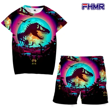 Jurassic Park Crianças do Conjunto de Dinossauro T-Shirt Meninos Garota Verão 3d Cartoon Poliéster Crianças Camiseta+shorts 2 Pcs Moda Terno