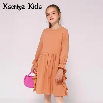 Kseniya Crianças de Venda Quente de Primavera, do Outono de Algodão de Manga Longa Vestido Plissado de Cor Sólida Para 2 a 9 Anos