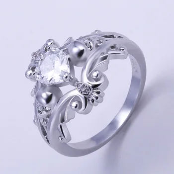 Luxo Oco do Coração Flor Caveira de Cristal Anéis de Casamento para as Mulheres, Moda, Cor de Prata Esqueleto Anel de Noivado de Punk Rock de Jóias