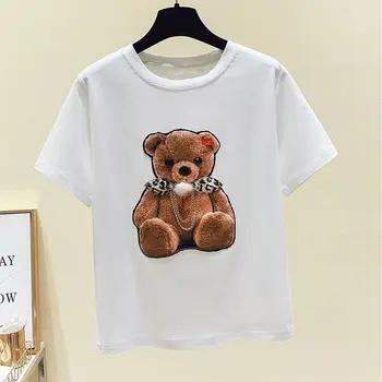 Manga curta T-shirt das Mulheres Kawaii Roupas Pretas Verão Tops Feminina T-Shirt Urso Branco Apliques Camiseta 4xl 2021