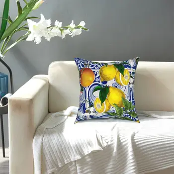 Mediterrâneo Limão Em Azul Telhas de Cerâmica, Almofada Quadrada Caso Almofadas para o Sofá Personalizado Pillowcover a Decoração Home