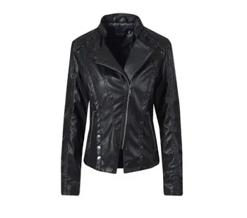 Moda jaqueta de couro para mulheres Primavera, Outono 2019 curto de Cor preta colar de pé Zíperes jaqueta feita de couro sintético