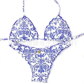 Mulheres de Maiô Azul E a Branca da Porcelana Impressão Digital Sexy Divisão de Biquíni