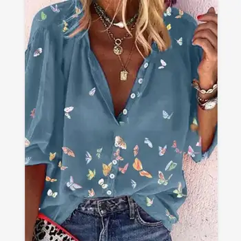 Mulheres Tops De Verão 2021 De Pescoço De V Casual Senhoras Blusa Borboleta Botões De Impressão De T-Shirt Feminina Tops, Blusas Para Mulheres