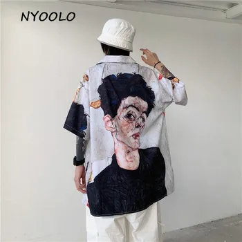 NYOOLO Harajuku Vintage cabeça de impressão solta camisa de manga curta mulheres homens verão streetwear vire para baixo de gola hip hop camisa tops