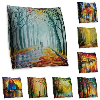 O Óleo Da Árvore De Pintura Decorativa Fronhas Coloridas Floresta Fronha Vintage Capa De Almofada Do Sofá Cadeira De Fronha
