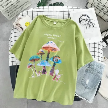 Oeak Harajuku Colorido Cogumelo Imprimir T-shirt Rua Casual Streetwear 2021 Moda Pulôver de T-shirt Feminina das Mulheres Tops