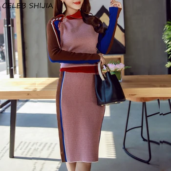 Pista de Tricô Conjuntos de Vestido para Mulher Outono Zíper Camisola + Elastic Saia de Cintura Mulher coreano de Negócios Elegante de Duas peças de Ternos