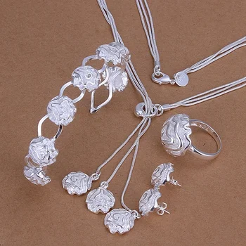 Prata 925 Esterlina de mulheres senhora de jóias de casamento charme flor pingente de colar, pulseira de Brincos anel Conjunto de jóias de moda