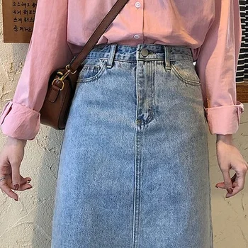 Saias de Design Simples Lazer Harajuku forrado de Pele de Estudantes Secundários-de-fenda, Jeans Estilo coreano Elegante Bolsos de Todos-jogo de Moda Vintage