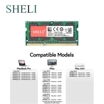 SHELI 8GB PC3-12800 DDR3 a 1600 mhz SODIMM de Memória RAM para APPLE MacBook Pro, iMac, Mac Mini