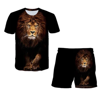 Verão T-shirt de Impressão 3D Animal de leão garoto T-shirt Terno de Roupas de Menina Menino top + shorts de 2 peças Bebê Menino Roupas Terno 4T-14T