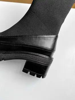 Vichelo Quente tricô botas de couro real britânica, a plataforma de projeto do dedo do pé redondo de espessura de alta calcanhar de deslizamento em menina bonita meados de bezerro botas L99