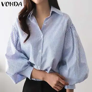 Vintage Listrados Blusas Mulheres Tops VONDA 2021 Senhoras Casual, Vire para Baixo do Pescoço Longo Lanterna Manga Camisas do Boêmio Blusas