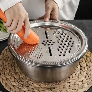3Pcs/Set Multifuncional Cozinha Raladores de Queijo em Aço Inoxidável Com Bacia de Drenagem De Legumes Salada de Frutas Cortador de Ferramenta de Cozinha
