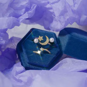 Delicada Jóia de Ouro 14K Plated Lua de Cristal Ajustáveis Estrelas Anéis para Mulheres Elegantes de Contas de Pérolas de Anéis de Noivado