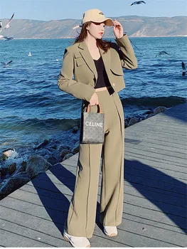 Duas peças se ajustar Define Elegante coreano Blazer Jaqueta de Terno Casaco Cintura Alta Wide Leg Pants 2 peças de Roupas para Mulheres de Calça e Top