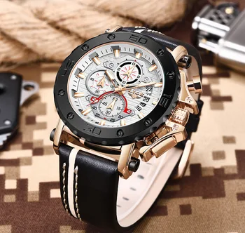 Homens luxo Multifunções de Negócios de Quartzo Relógios à Prova de Água Calendário esportivo de Couro relógio de Pulso Relógio Masculino LIGE 9996