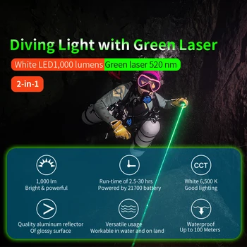 J2 Projectores laser Verde de mergulho lanterna 1000lumen mergulho luz de mergulho coaching comando do laser de luz Subaquática 100m de mergulho lâmpada