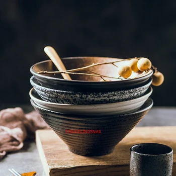 Japonês Criativo Macarrão Tigela De Louça Conjunto Comercial De Bambu Chapéu Bacia Cerâmica Família Grande Ramen Arroz Macarrão De Soup Bowl