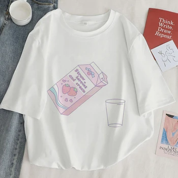 Japão Suco de Morango Impressão Gráfica as Mulheres Tops, T-camisa Casual senhoras base O-colar-de-Rosa de Manga Curta T-shirt Menina,o Navio da Gota