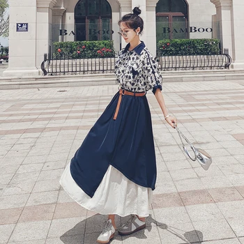 Mulheres Vestidos De 2021 Moda Verão Emenda Estilo De Camisa Floral Grande Oscilação Longo Vestido Vintage Coreano Solta Ocos Maxi Vestidos