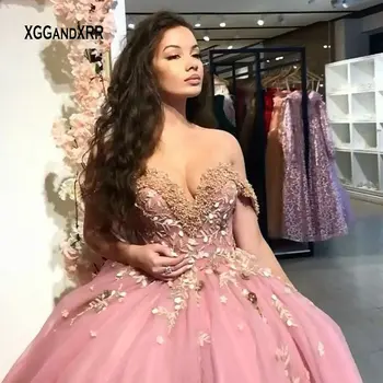 Nova Princesa Rosa Empoeirado Vestido De Baile Vestidos De Quinceanera Fora Do Ombro Em Tule Sem Mangas Sweet 16 Dresses, Com Apliques De Miçangas