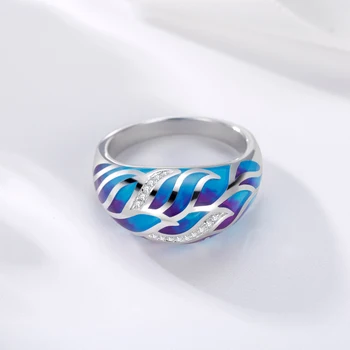 OGULEE Prata 925 Anéis de Skinny Micro Pave CZ Artesanal Esmalte Azul Penas de Moda as Mulheres Jewerly Festa de Casamento de Luxo, Grandes Anéis