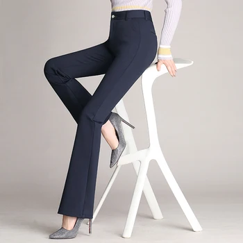 Preto azul Skinny Flare Pants OL Mulheres Senhoras Office Cintura Alta Bolso Reta Calças de Trabalho de usar Calças Pantalon Mujer