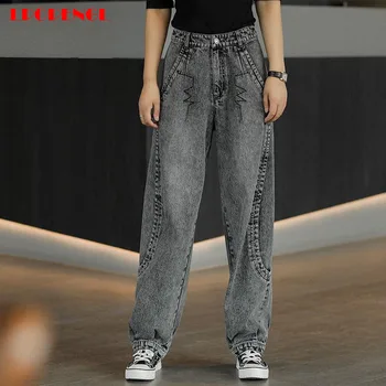 Primavera, Outono Mulheres de Cintura Alta Jeans 2021 de Moda de Todos-jogo Solto de Street Style Convencional Bolsos de Botão Fina de Cor Sólida