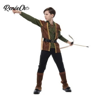 Reneecho Robin Hood Criança Traje Meninos Príncipe dos Ladrões Archer Traje Verde do Vestido de Fantasia de Halloween Traje de Roupa