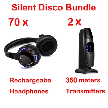 Silent Disco Fones de ouvido -70pcs LED Recarregável RF Fones de ouvido sem Fio com 2 transmissores e 2 carregador de conjuntos